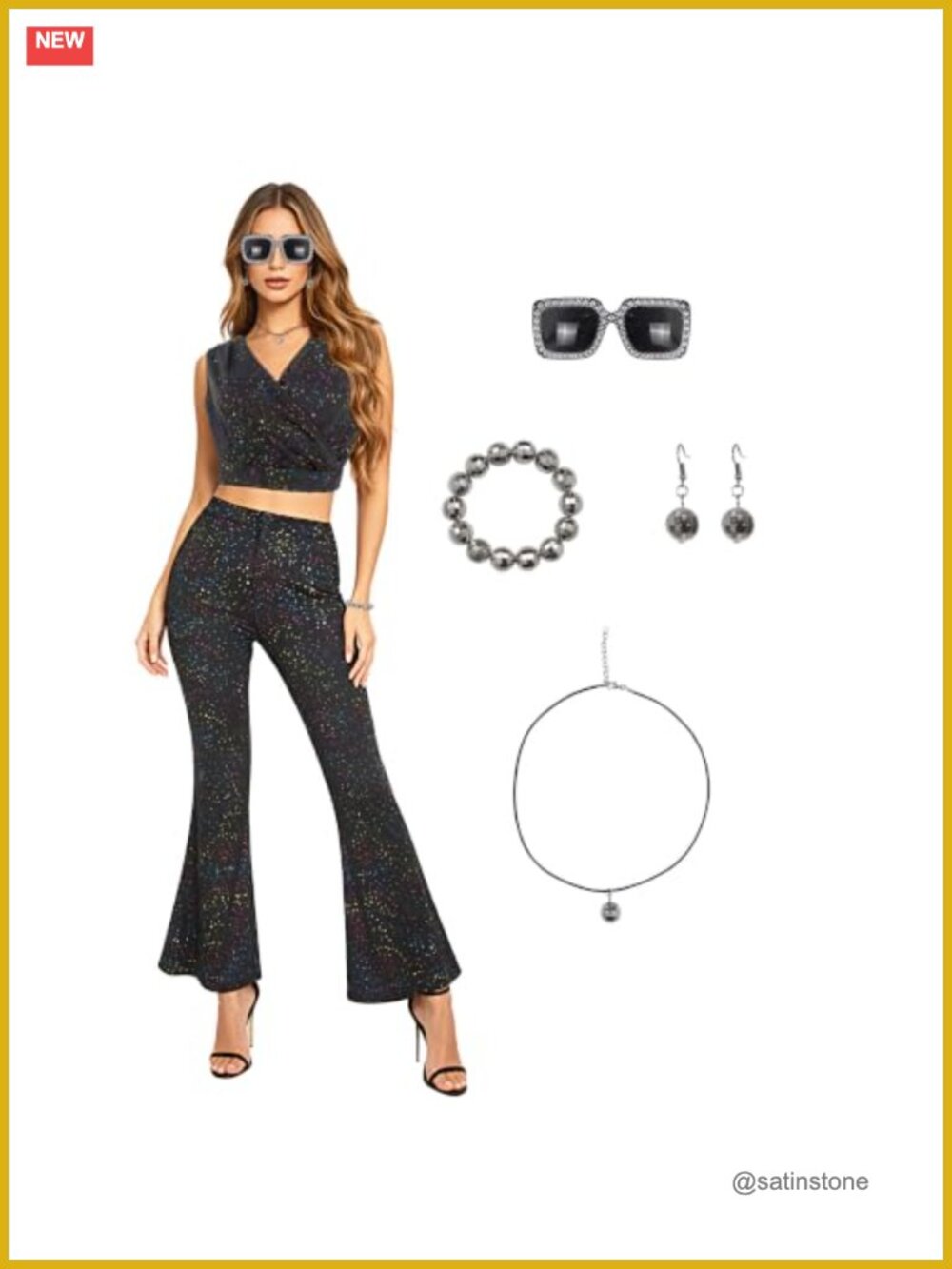 Womens 6 Pc 70s Disco Costume Set Sleeveless Crop Top Bell Bottom Pants